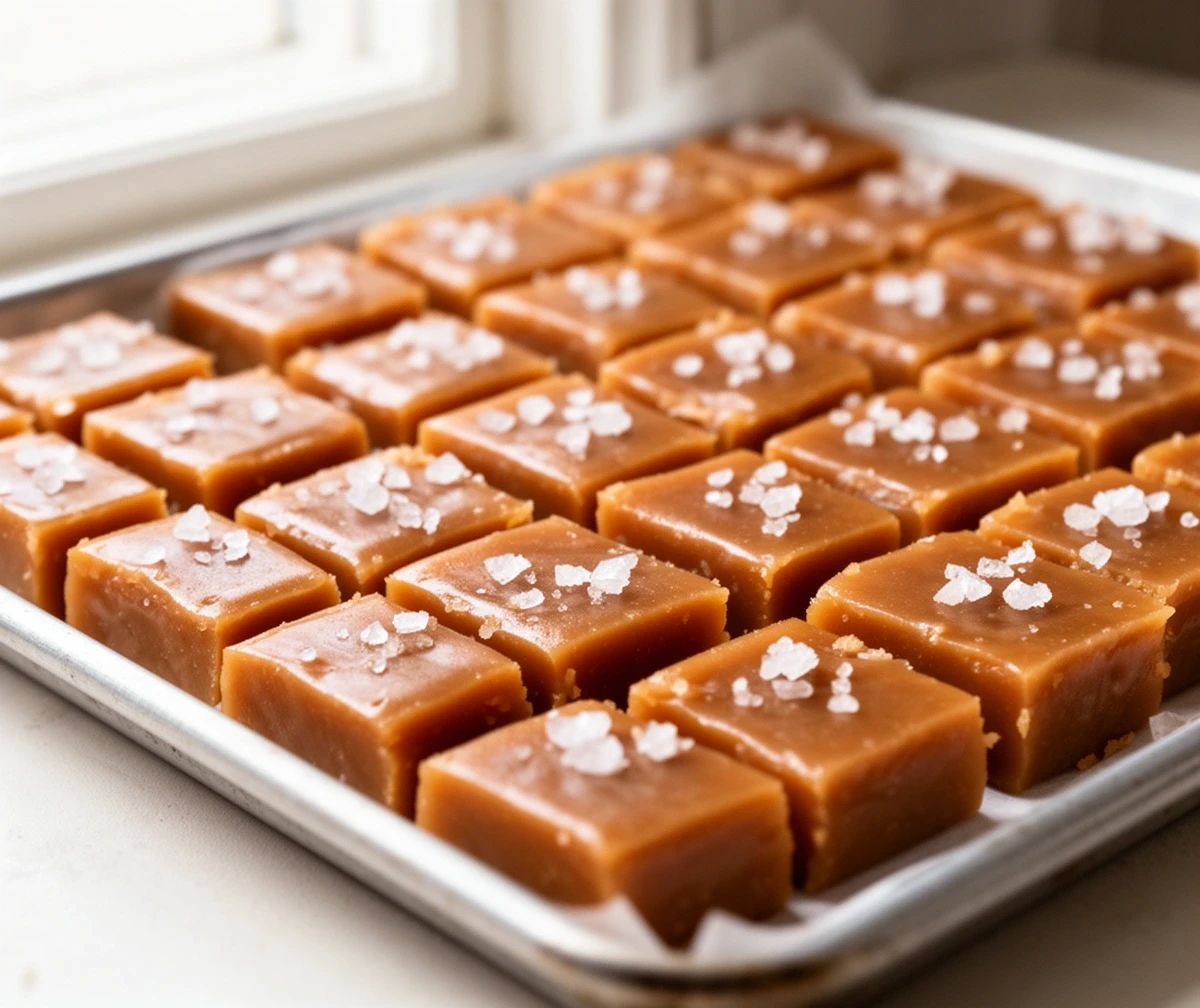 A tray of caramels cut into squares and salted