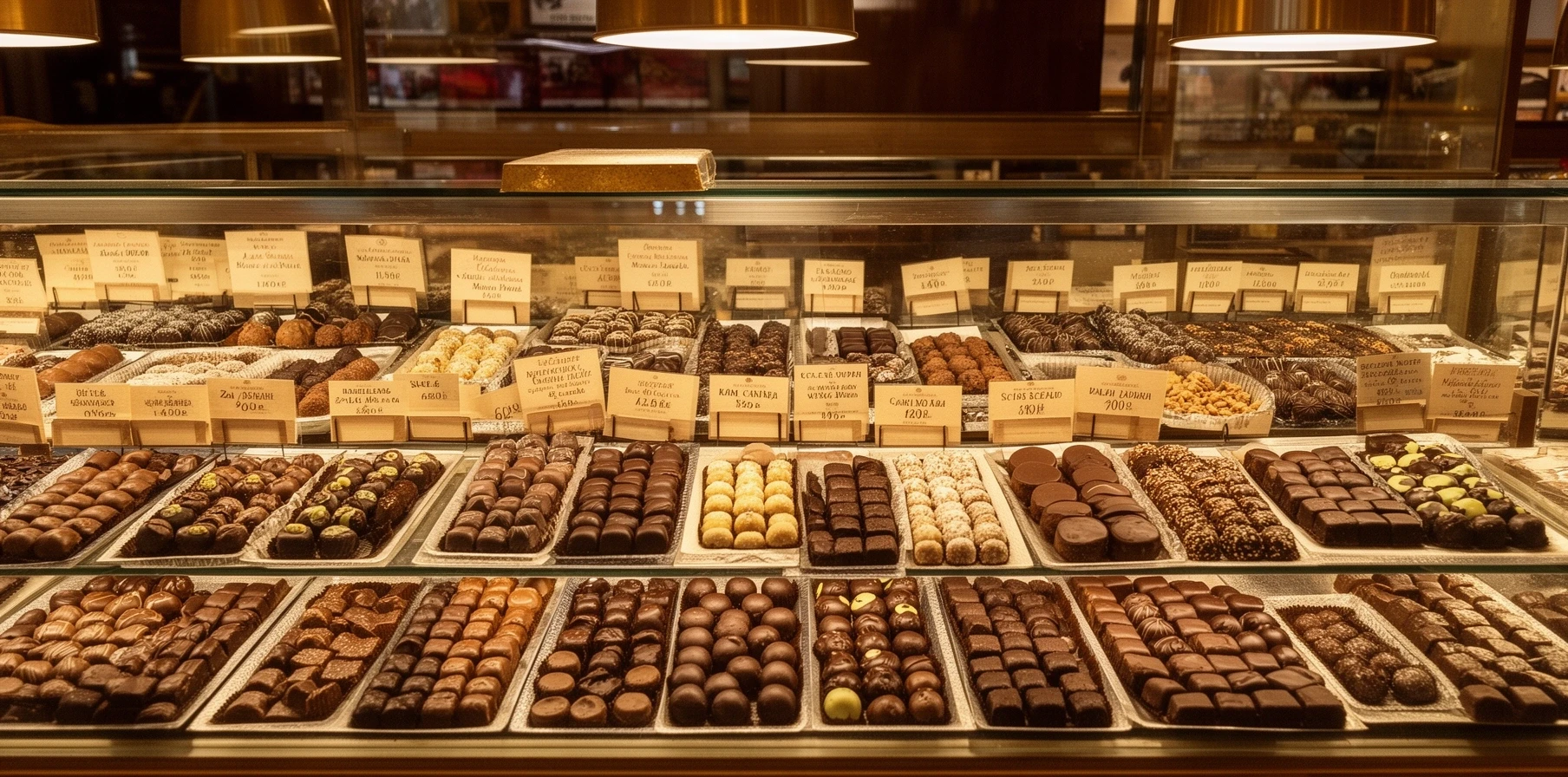 Glass case with trays of dipped chocolates