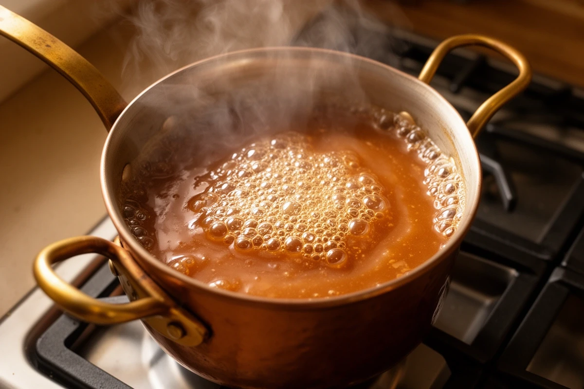 Caramel cooking in a copper pot