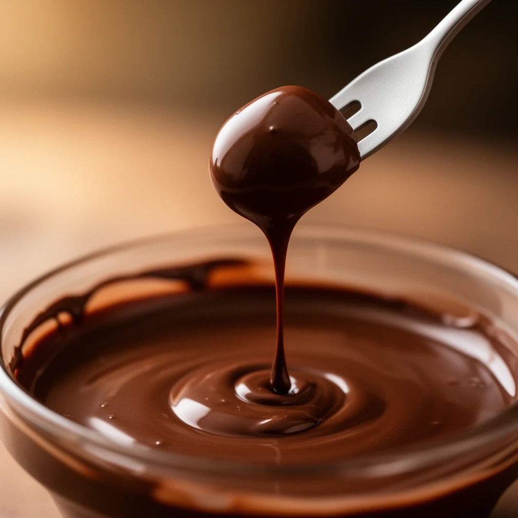 Dipping fork lifting a chocolate from the bowl