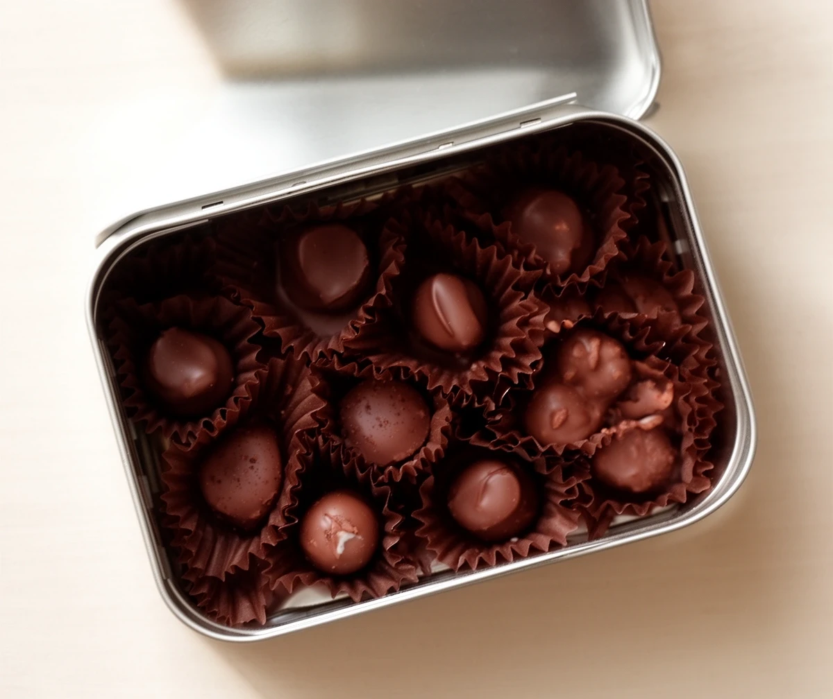 Open gift tin packed with assorted chocolates