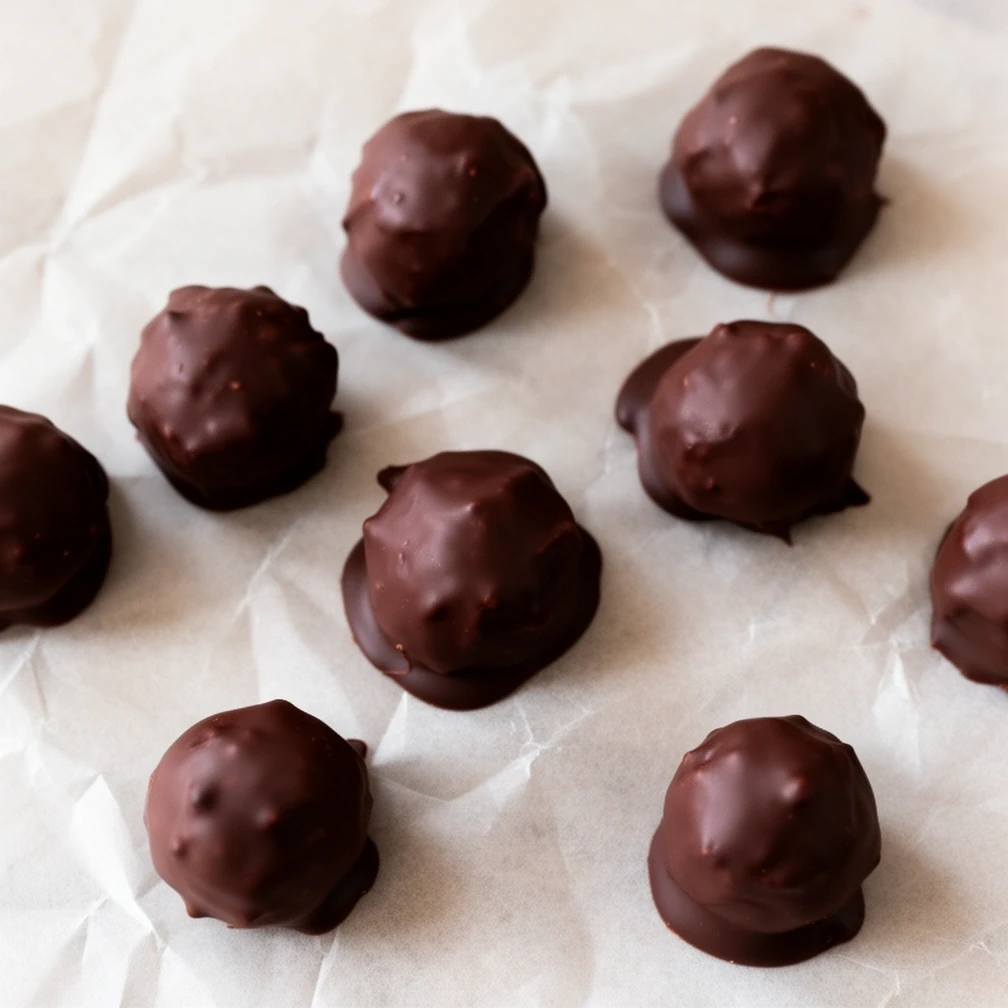 Hand-dipped dark chocolate truffles on parchment