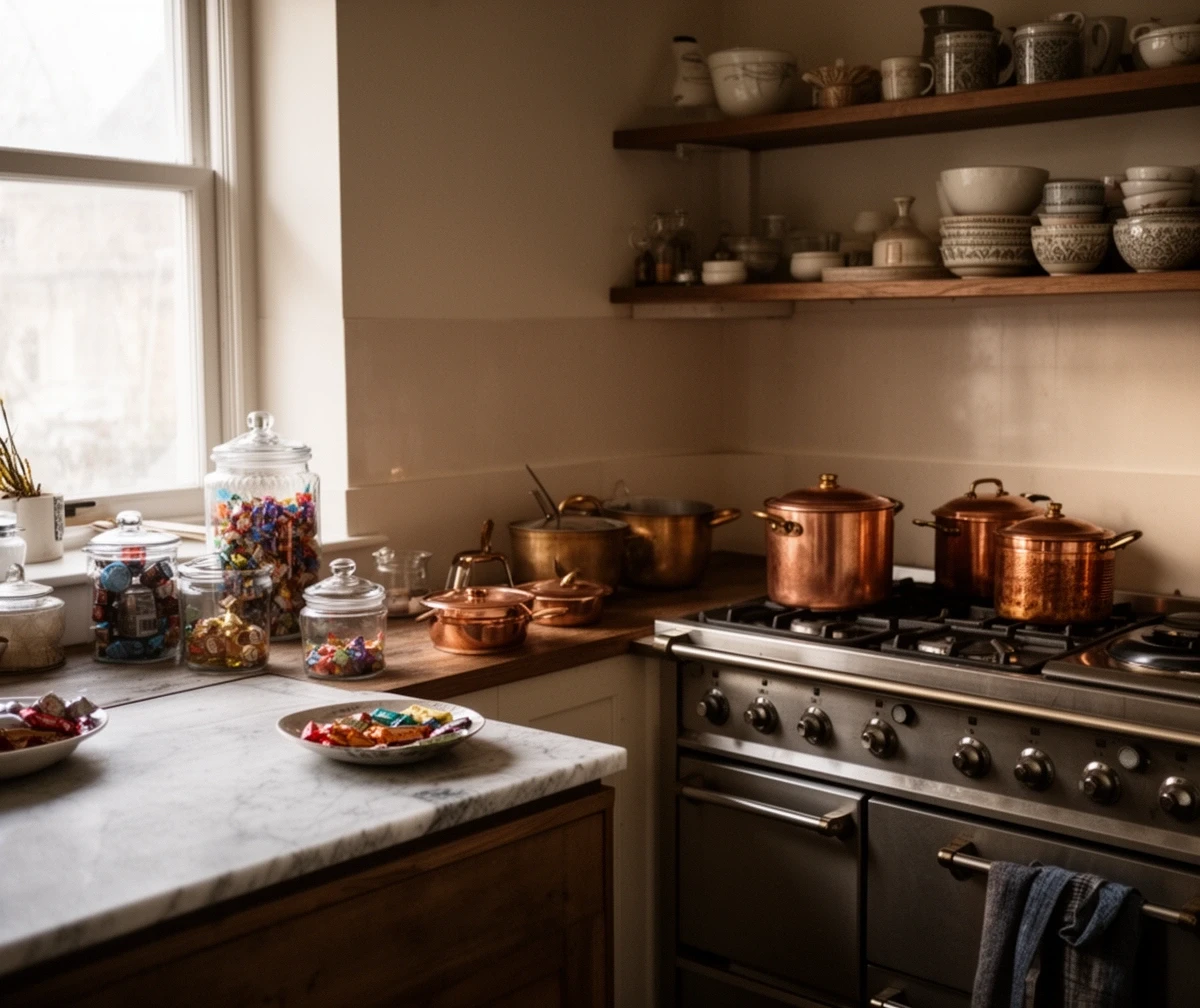 The small kitchen behind the shop with copper pots and a marble slab