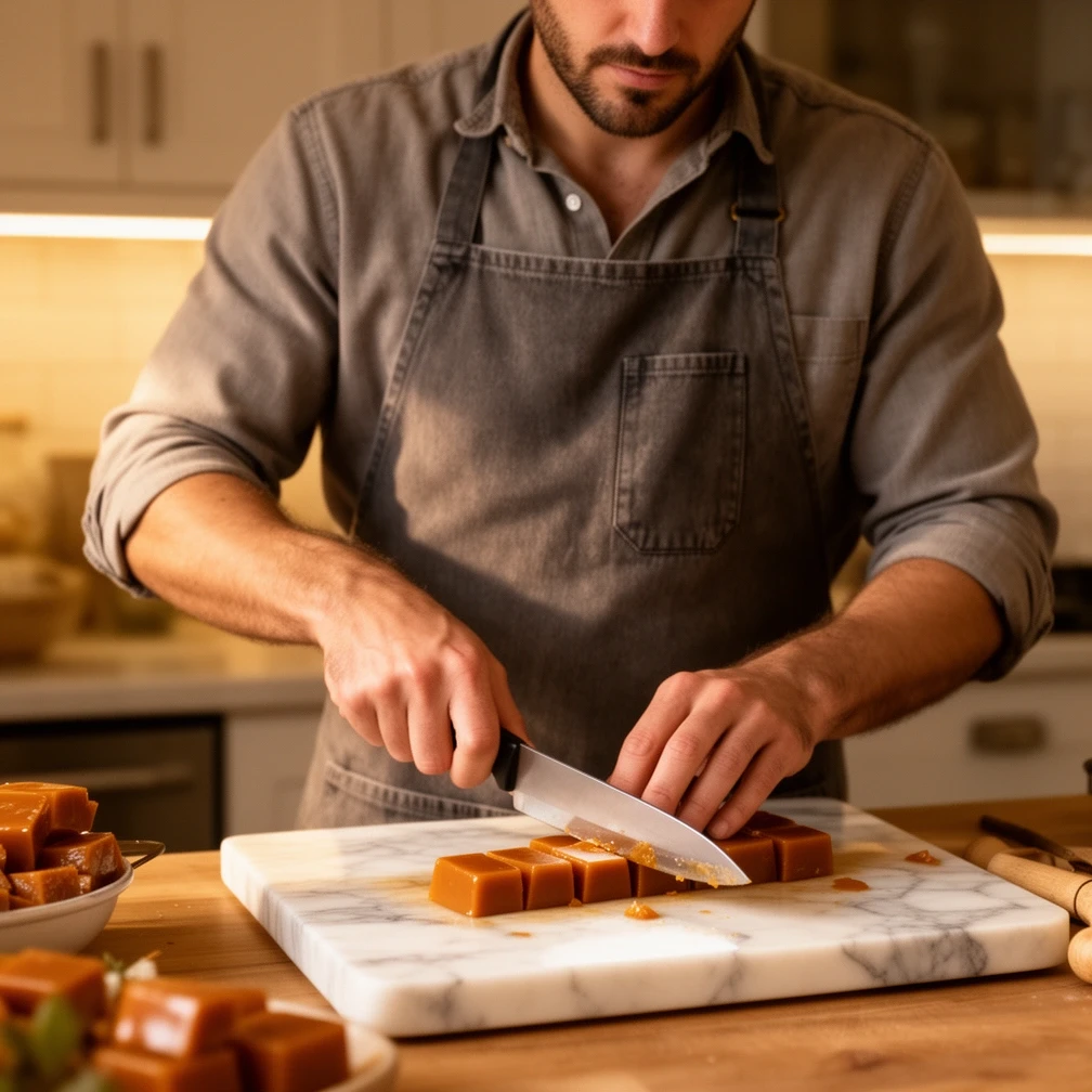 Peter cutting caramels on the marble slab