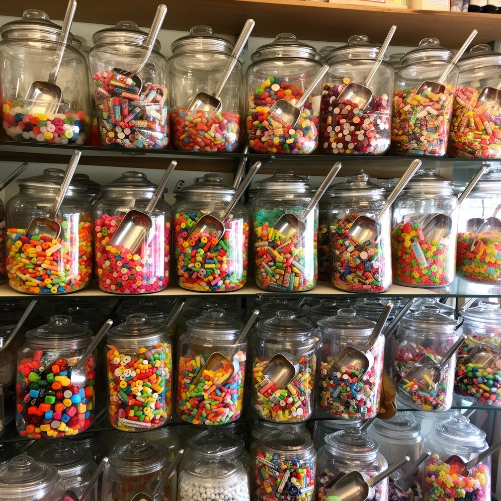 Jars of penny candy along the shop wall