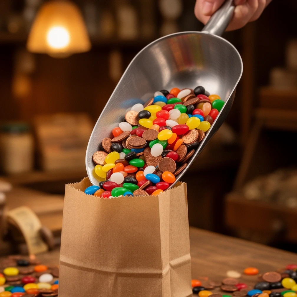 Scoop of penny candy going into a paper bag