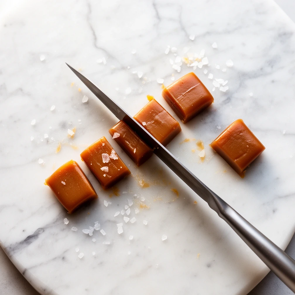 Sea salt caramels cut on the marble slab