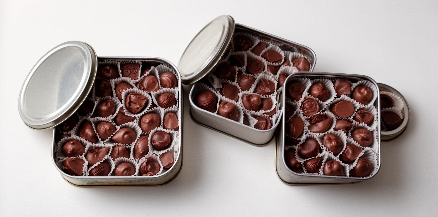 Three sizes of Pollak Candies gift tin, open and packed