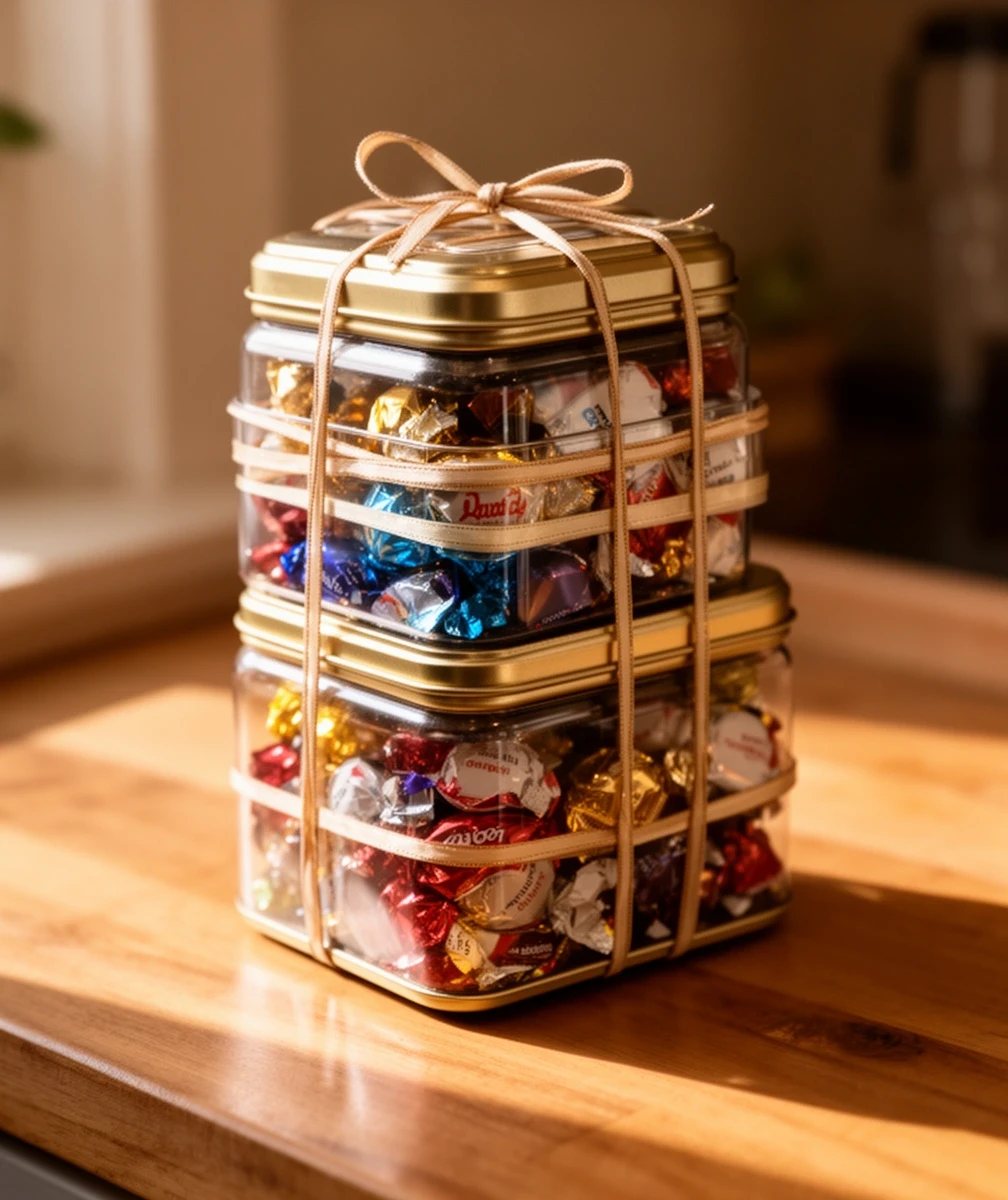 Stack of gift tins tied with ribbon